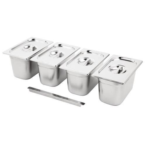 Vogue St/St GN Set - 4 x 1/4 with Lids 150mm (inc. Adapt Bar - 325x25mm)