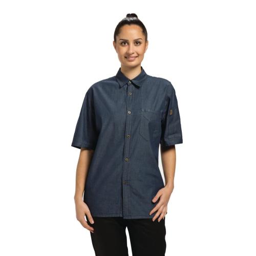 Chef Works Unisex Detroit Denim Short Sleeve Shirt Blue L